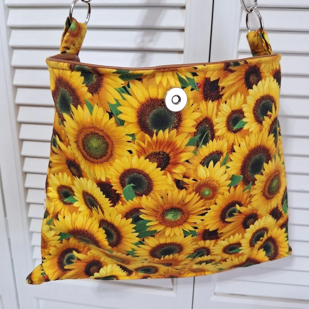 NeeJee Wear Crossbody Bag Purse Brown Sunflower Print Clutch Face Mask Handmade